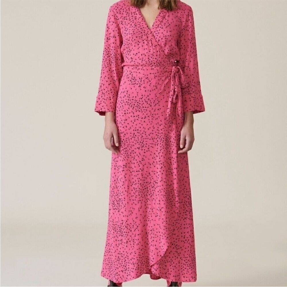 GANNI Barra Floral Printed Crepe Wrap Dress Sz 36 Hot Pink with Black Floral